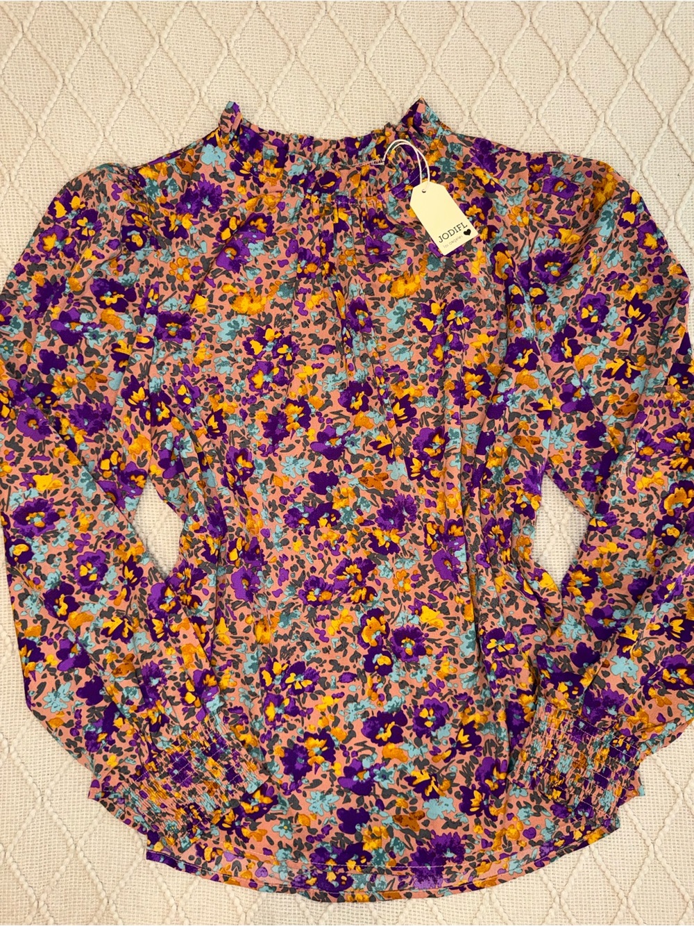 Jodifl Purple Floral Long-Sleeve Mock Neck Top L